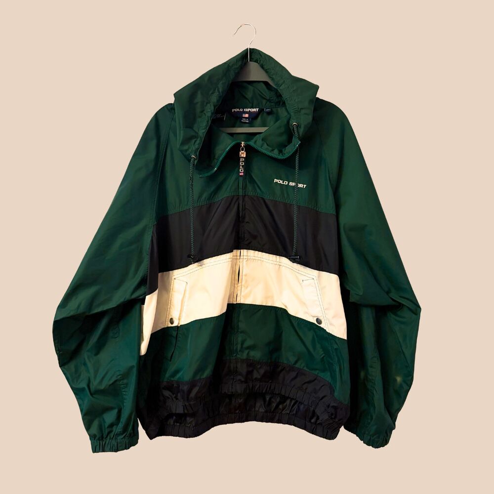 Ralph Lauren Polo Sport Vintage 1990s Green Black & White Full Zip Windbreaker